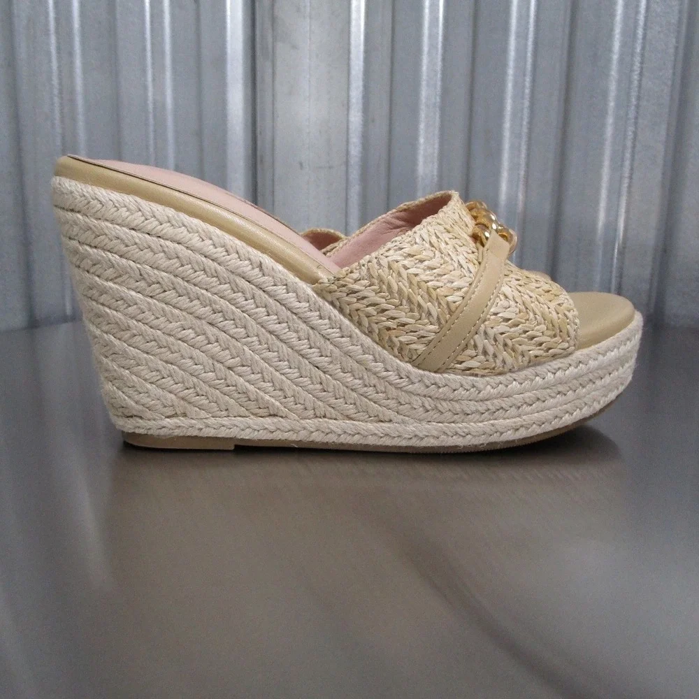 Coutgo Woven Straw Espadrille Wedge Sandals Gold Accent Tan Platform Slides 7.5